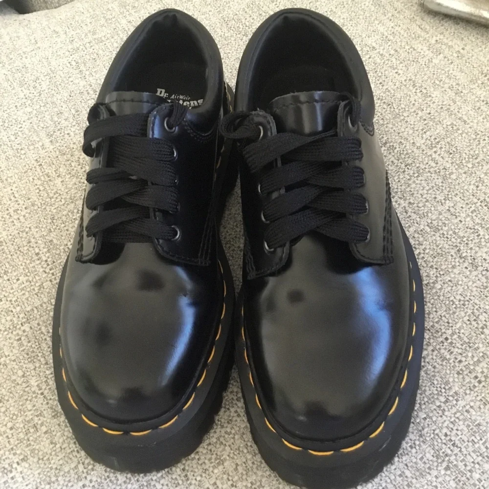 Dr. Martens  8053 Quad Black Patent Leather Platform Derby with Yellow Stitching